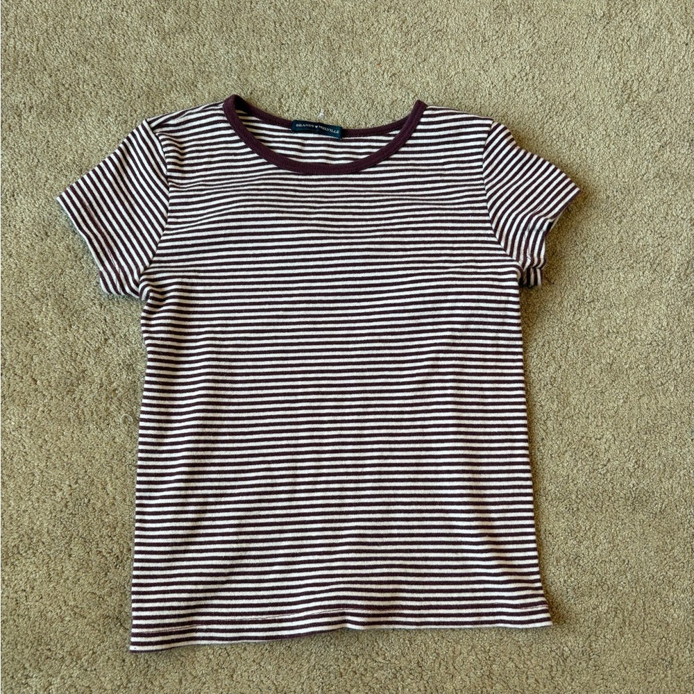 Brandy Melville Burgundy and White Striped Short Sleeve T-Shirt